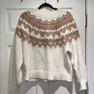 LOFT Heart Pattern Sweater - White, Pink, Brown